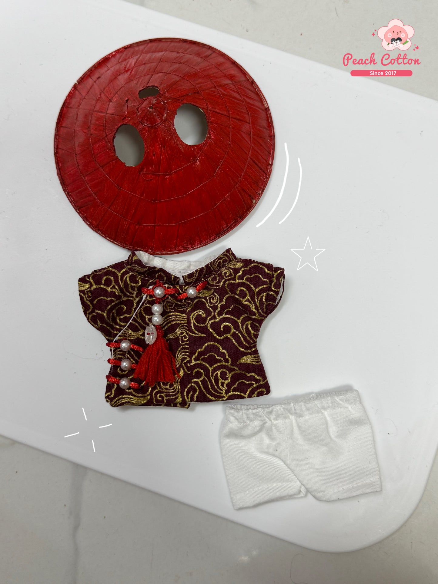 LABUBU AO DAI, Red Vietnamese traditional Ao Dai for Labubu with red conical hat