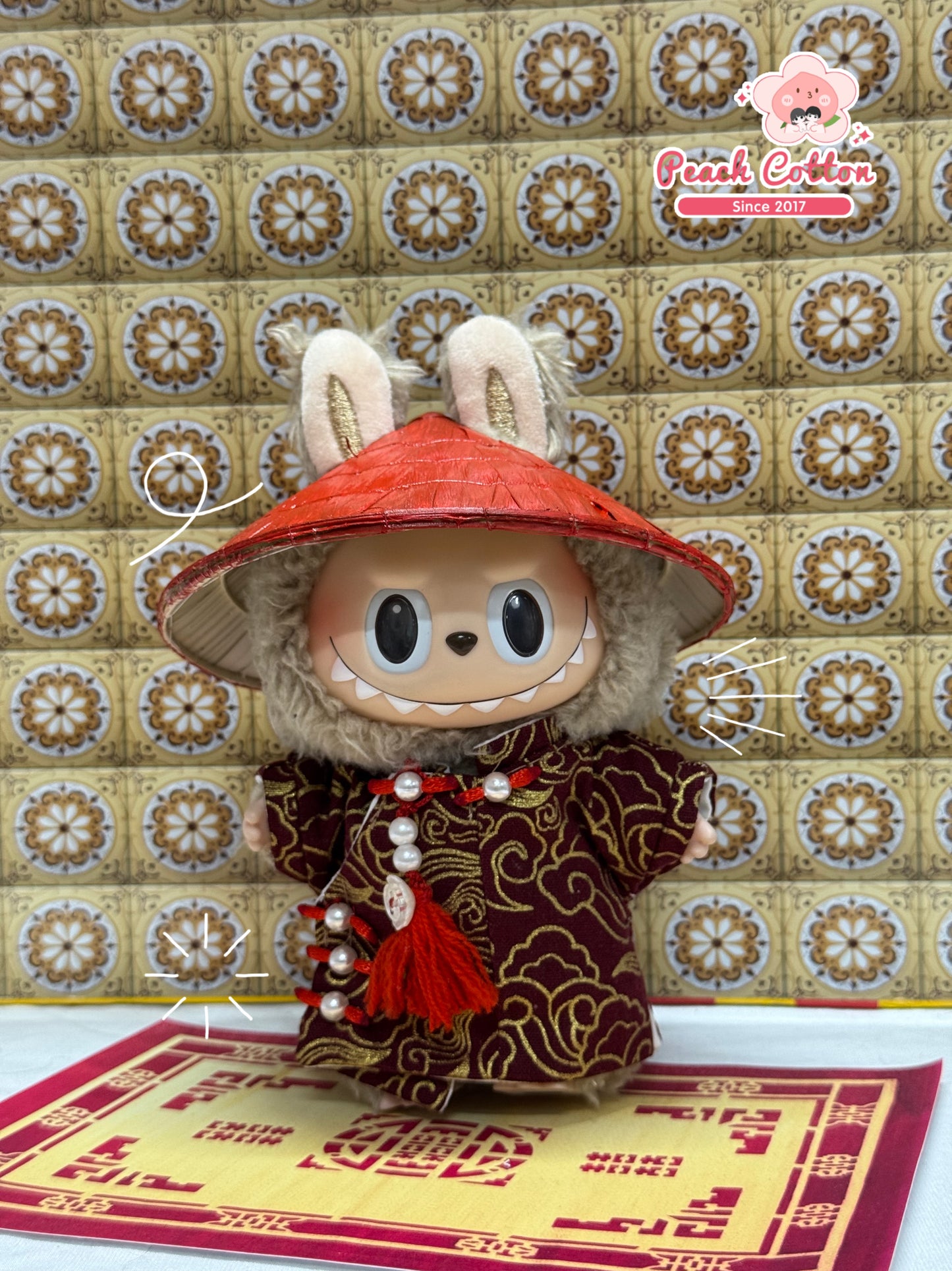 LABUBU AO DAI, Red Vietnamese traditional Ao Dai for Labubu with red conical hat