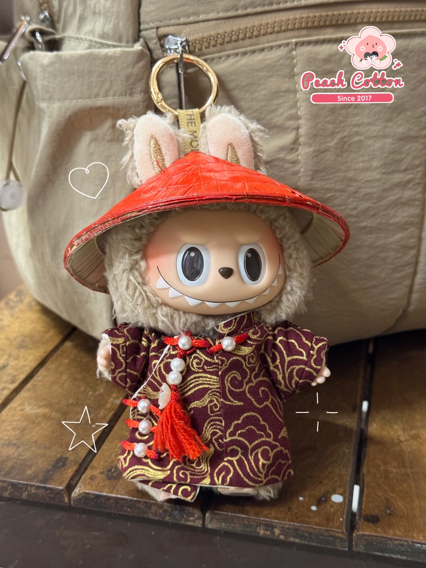 LABUBU AO DAI, Red Vietnamese traditional Ao Dai for Labubu with red conical hat