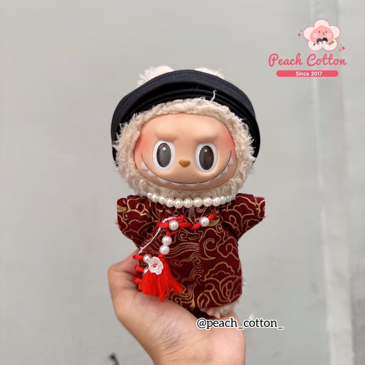 #ADred - LABUBU AO DAI, Red Vietnamese traditional Ao Dai for Labubu with red conical hat