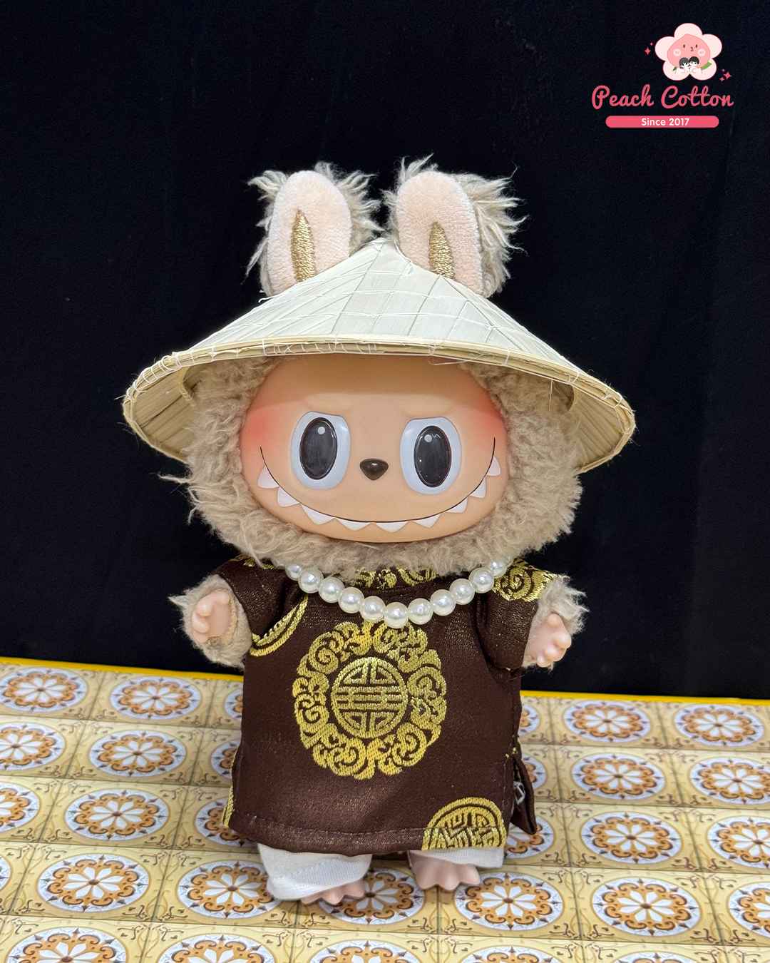 Labubu Ao Dai Tho – Ao Dai for Labubu with Conical hat, Vietnamese Longevity Ao Dai for Labubu