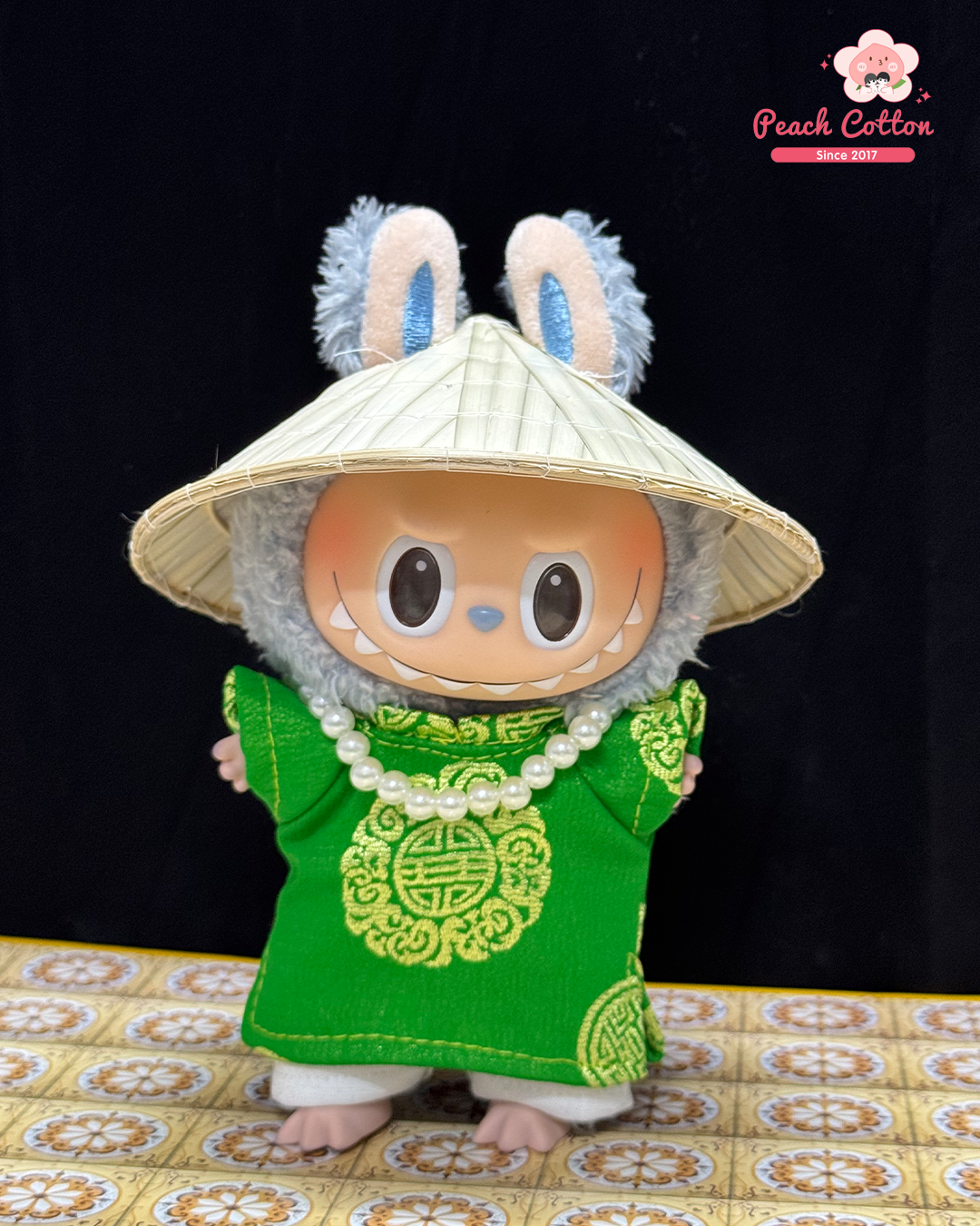 Labubu Ao Dai Tho – Ao Dai for Labubu with Conical hat, Vietnamese Longevity Ao Dai for Labubu