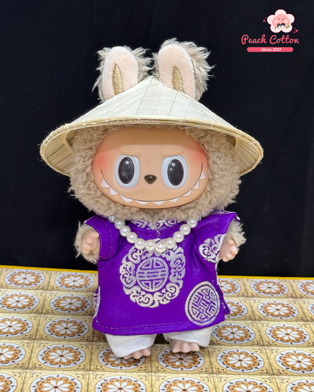Labubu Ao Dai Tho – Ao Dai for Labubu with Conical hat, Vietnamese Longevity Ao Dai for Labubu
