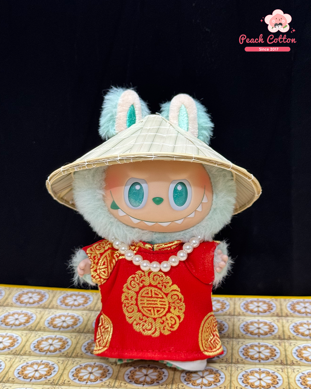 Labubu Ao Dai Tho – Ao Dai for Labubu with Conical hat, Vietnamese Longevity Ao Dai for Labubu