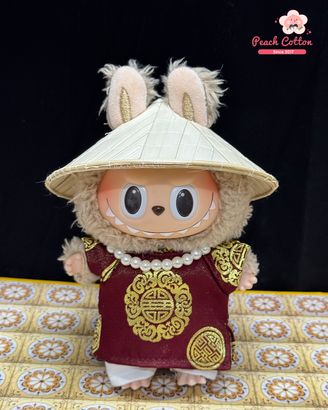 Labubu Ao Dai Tho – Ao Dai for Labubu with Conical hat, Vietnamese Longevity Ao Dai for Labubu