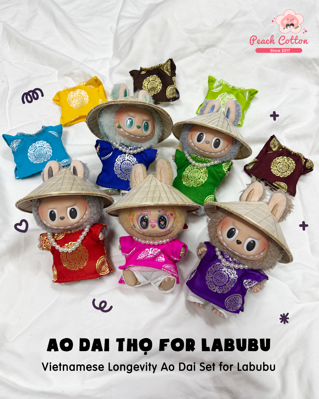 Labubu Ao Dai Tho – Ao Dai for Labubu with Conical hat, Vietnamese Longevity Ao Dai for Labubu