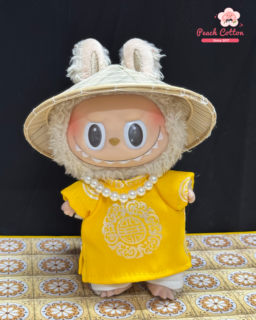 Labubu Ao Dai Tho – Ao Dai for Labubu with Conical hat, Vietnamese Longevity Ao Dai for Labubu
