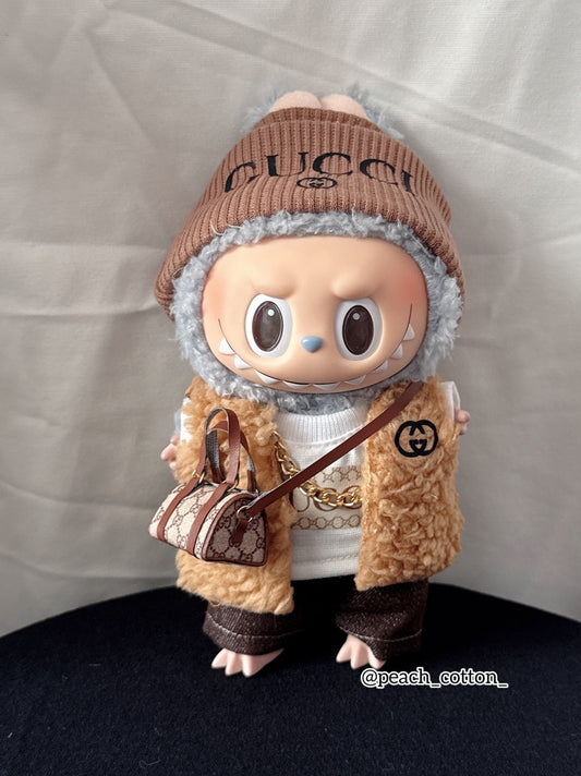 #GUC01 - Labubu clothes - Brown Luxury Fur Coat set (Handmade)